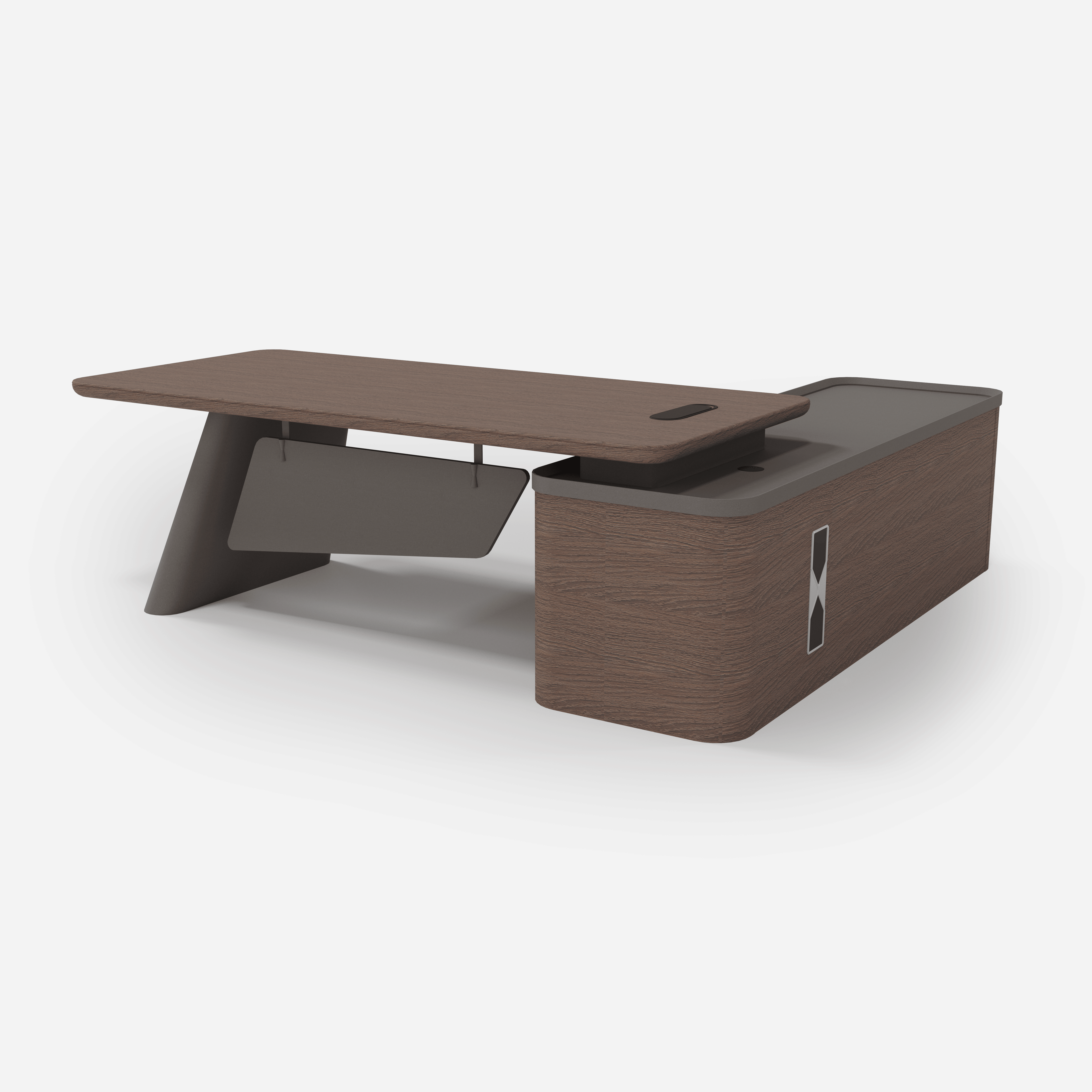 Dark oak office desk left corner view, 220cm wide workspace with storage  