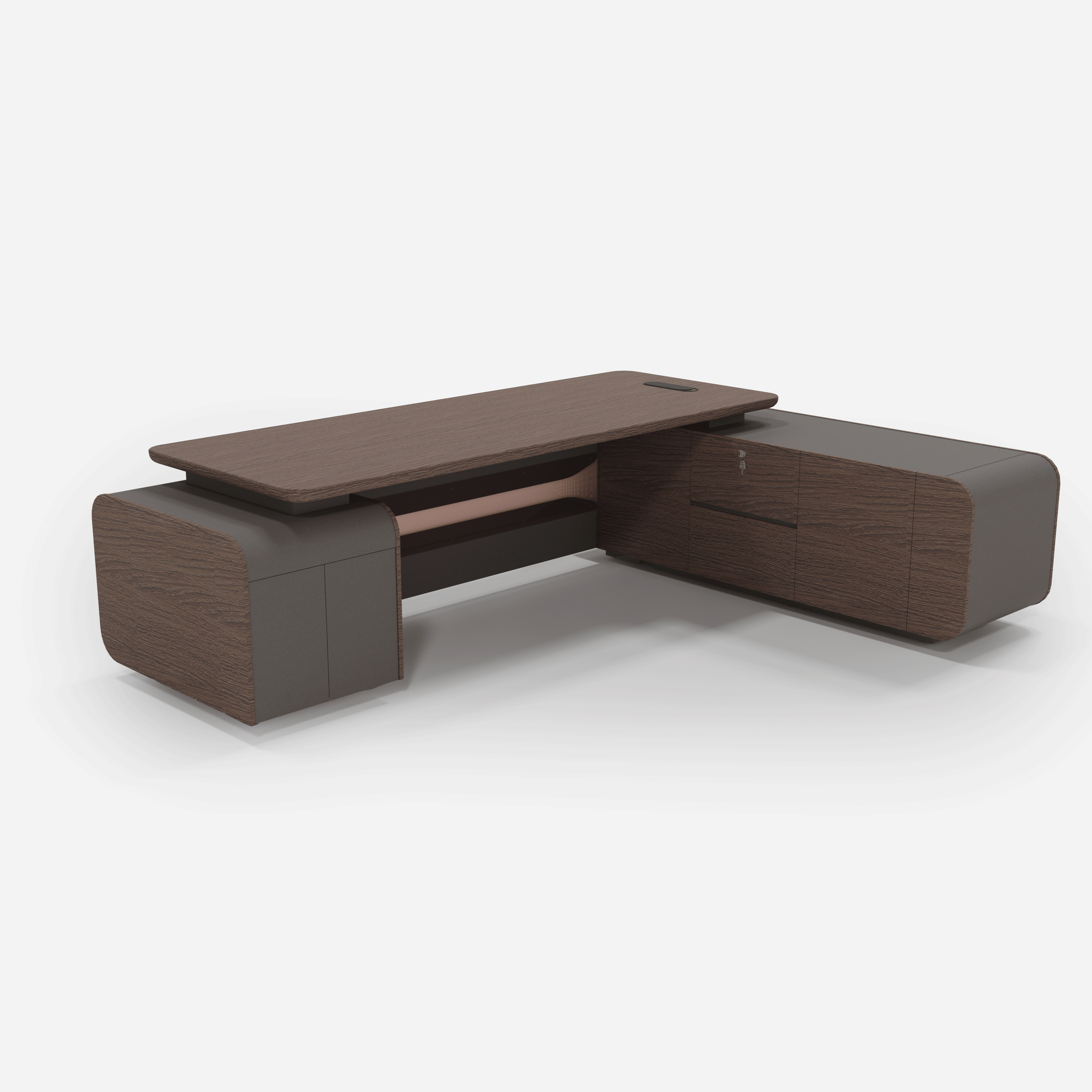 Dark oak office desk 280cm, right corner angle showing workspace design  