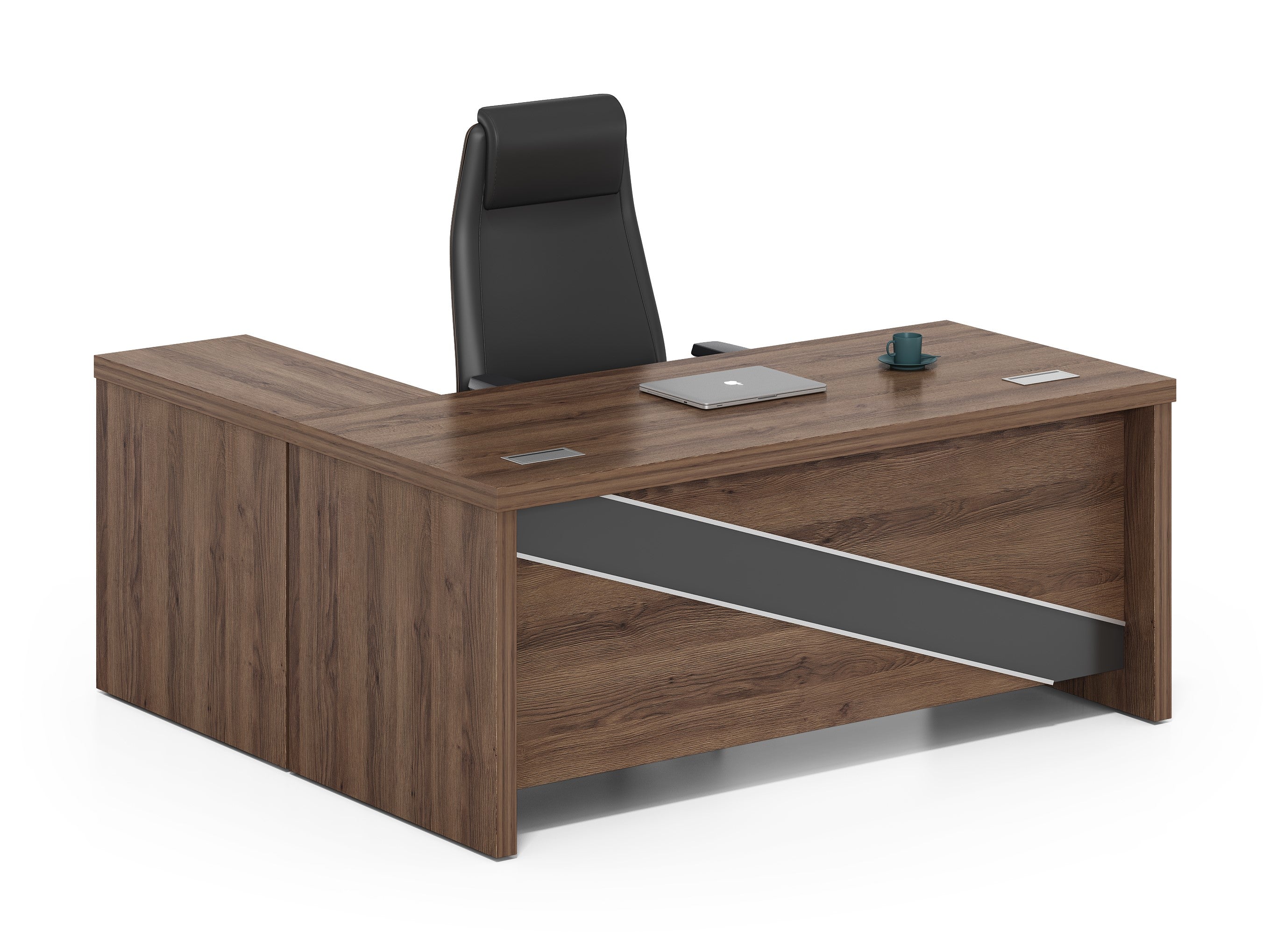 Dark oak L-shaped office desk with black stripe modern design, model OZ2506  