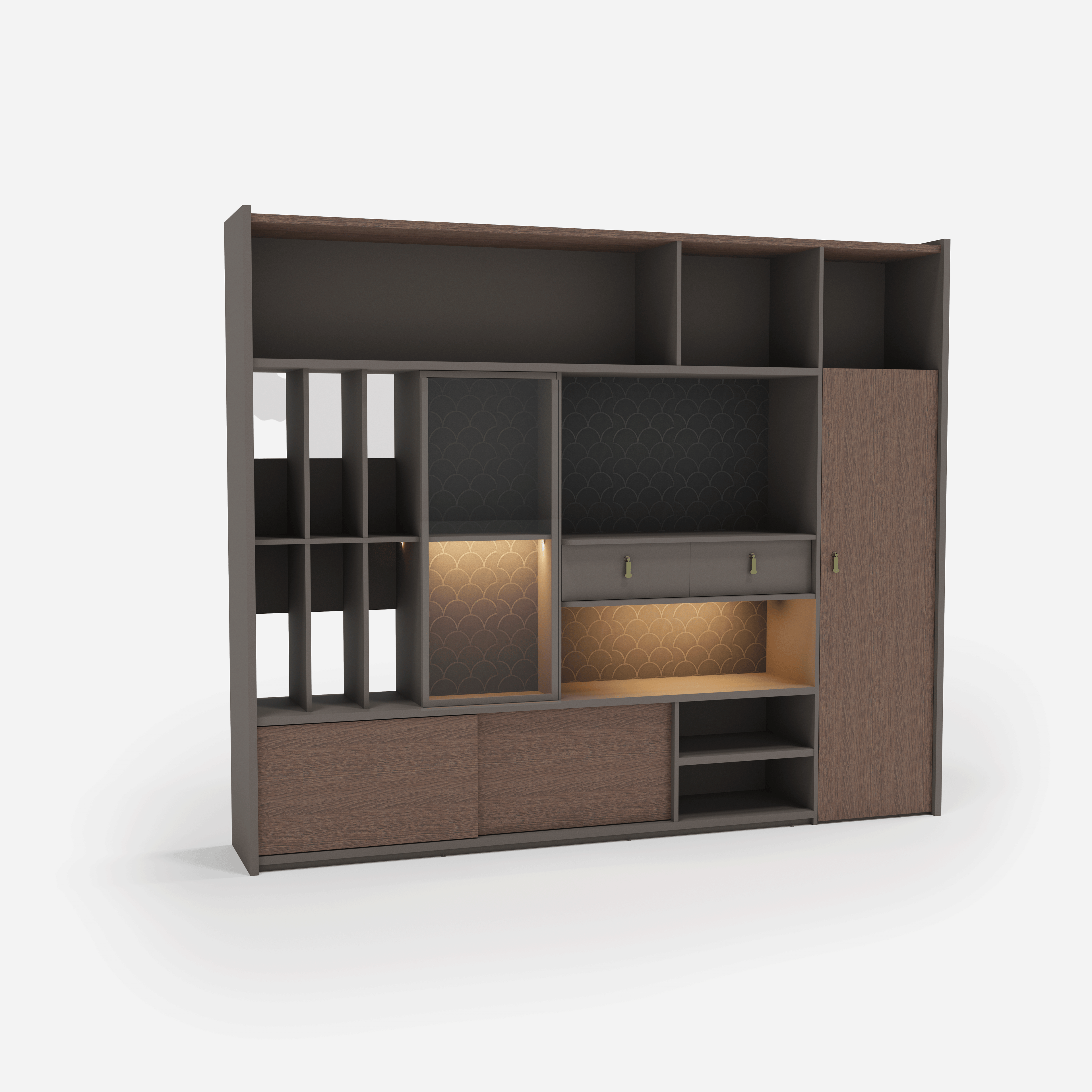 Dark oak office wall unit 242cm with shelves and cabinets, model STL03  