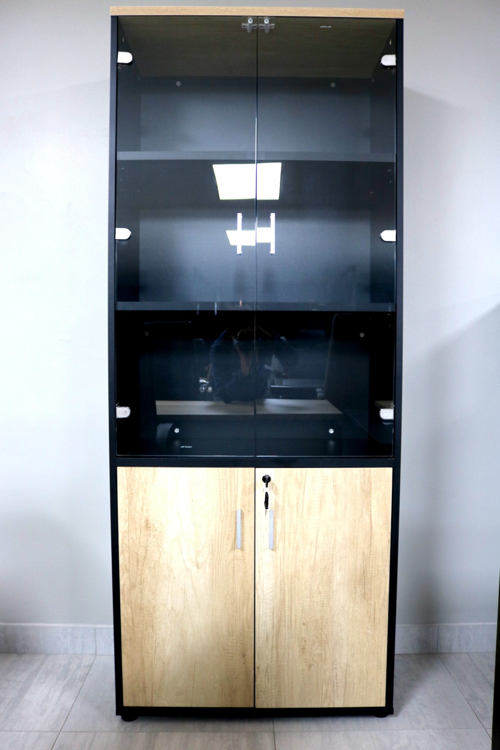 Melamine office wall unit with black shelf modern storage, model OZ1370  